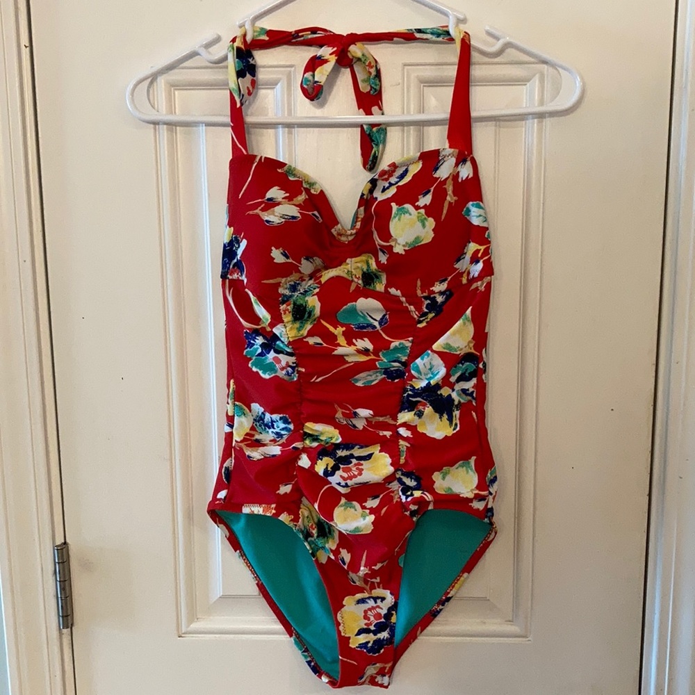 one piece tropical red swimsuit